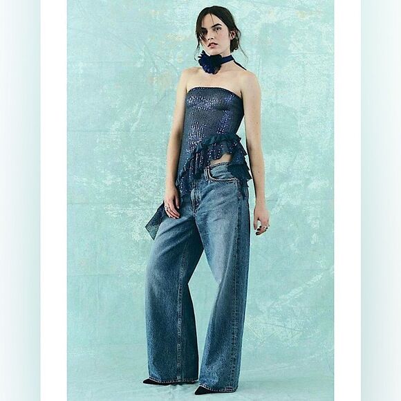 Free People Blue Taylor Sequin Tube Top Sz M - Picture 3 of 6